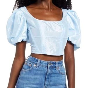 TopShop Taffeta blue puff sleeve corset top
